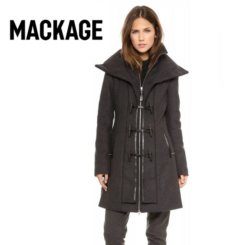 MACKAGE Steffy Wool/Cashmere Blend Toggle Duffle Coat w/ Hood & Leather Trim